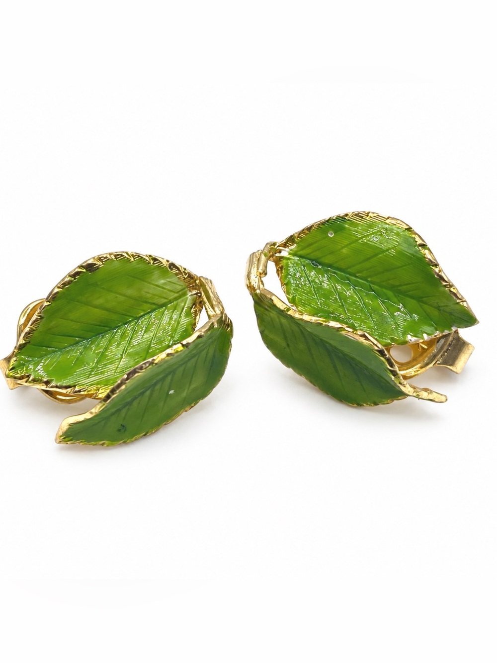 Vintage Signed Giovanni Green Enamel Double Leaf Clip-On Earrings